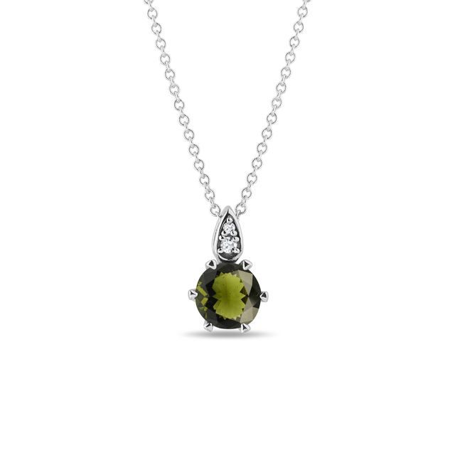 MOLDAVITE AND DIAMOND WHITE GOLD NECKLACE - MOLDAVITE NECKLACES - NECKLACES