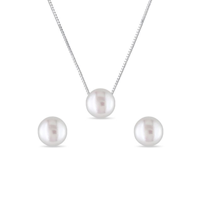 PEARL EARRING AND NECKLACE SET IN WHITE GOLD - PEARL SETS - PEARL JEWELLERY