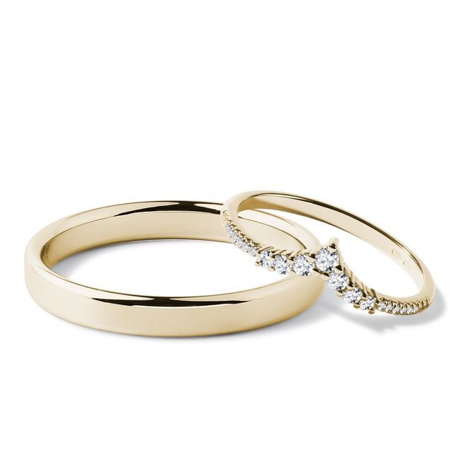 DIAMOND CHEVRON AND SHINY FINISH GOLD WEDDING RING - YELLOW GOLD WEDDING SETS - WEDDING RINGS