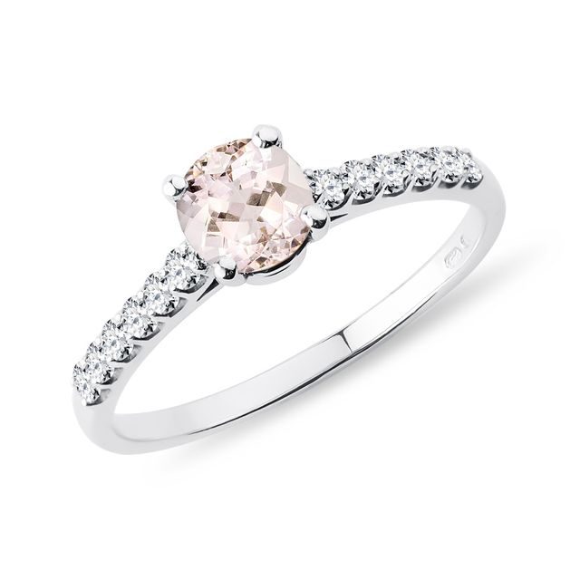 Morganite and diamond band engagement ring in white gold