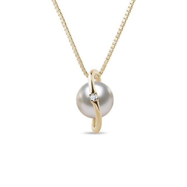GELBGOLDENE HALSKETTE MIT AKOYA-PERLE UND DIAMANT - PERLEN ANHÄNGER - PERLEN