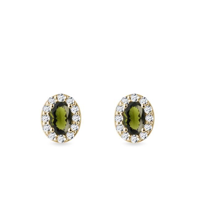 OVAL MOLDAVITE AND DIAMOND STUDS IN 14K WHITE GOLD - MOLDAVITE EARRINGS - EARRINGS