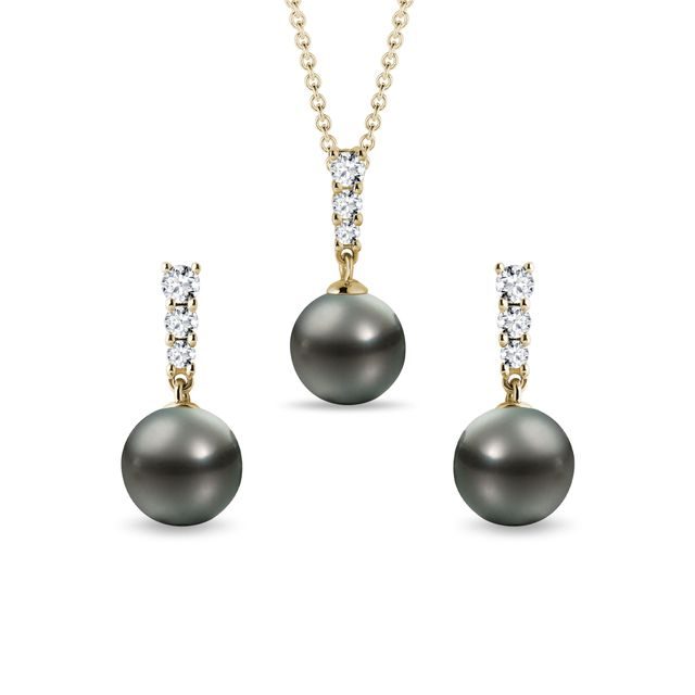 TAHITIAN PEARL AND DIAMOND GOLD JEWELRY SET - PEARL SETS - PEARL JEWELRY