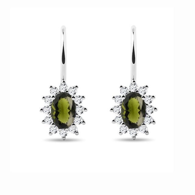 EARRINGS WITH DIAMONDS AND MOLDAVITE IN WHITE GOLD - MOLDAVITE EARRINGS - EARRINGS