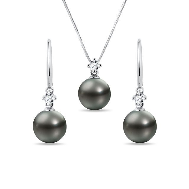 TAHITIAN PEARL AND DIAMOND WHITE GOLD JEWELRY SET - PEARL SETS - PEARL JEWELRY