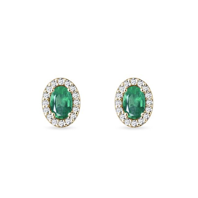 YELLOW GOLD EARRINGS WITH TWO EMERALDS AND DIAMONDS - EMERALD EARRINGS - EARRINGS