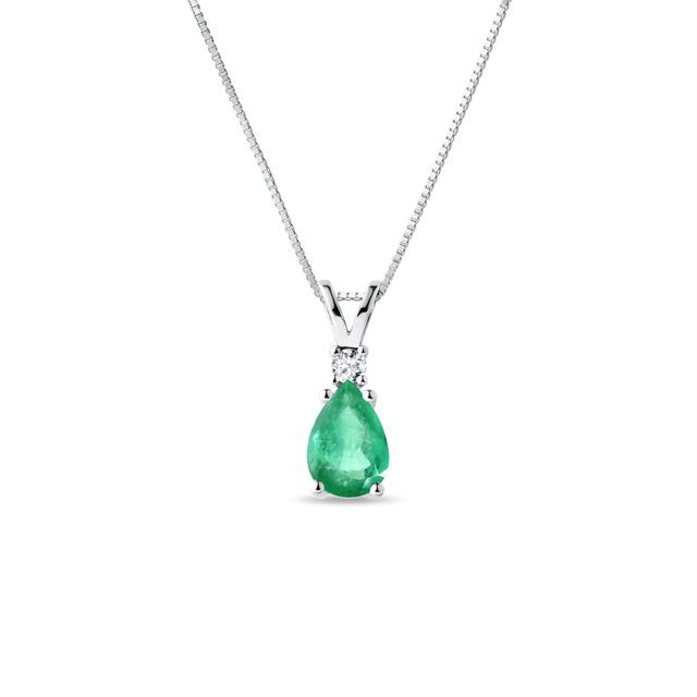 EMERALD AND DIAMOND PENDANT ON WHITE GOLD CHAIN - EMERALD NECKLACES - NECKLACES