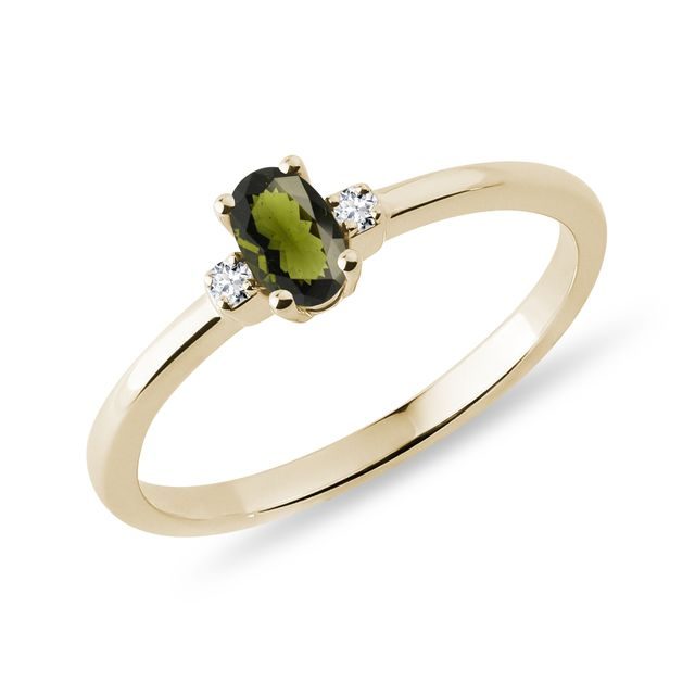 MOLDAVITE AND SIDE DIAMOND RING IN YELLOW GOLD - MOLDAVITE RINGS - RINGS
