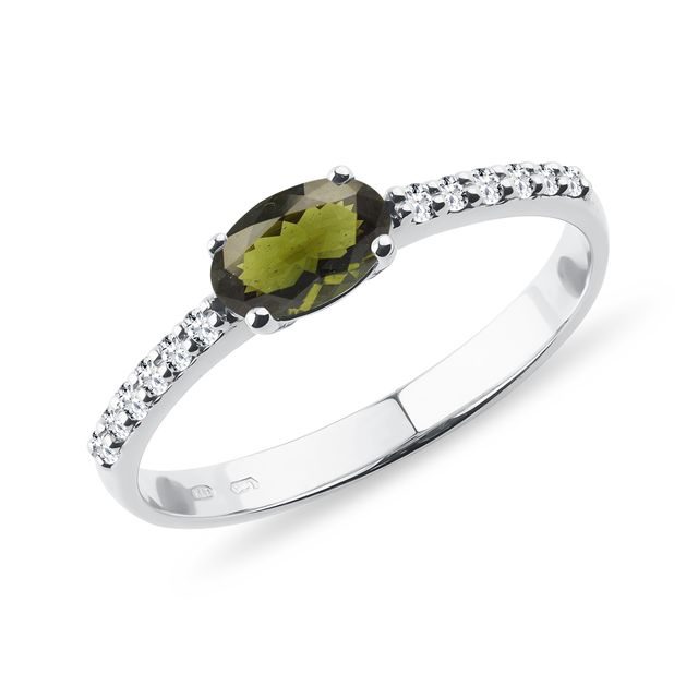 Moldavite Ring Adorned with Diamonds in White Gold