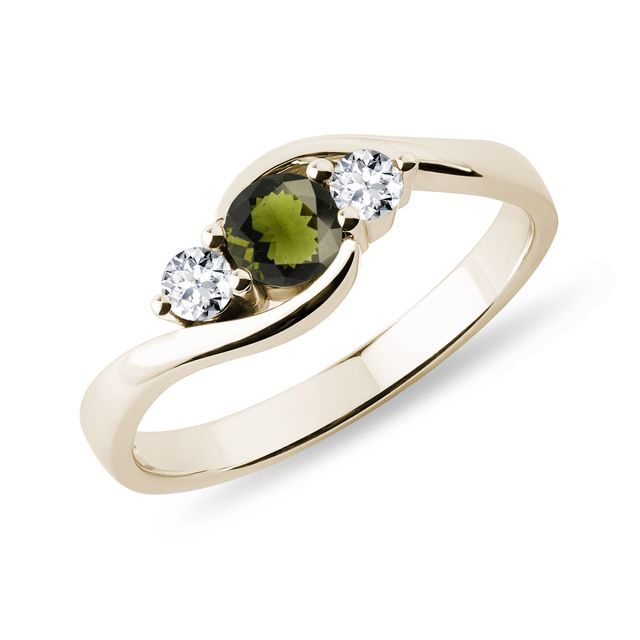 ELEGANT MOLDAVITE AND DIAMOND GOLD RING - MOLDAVITE RINGS - RINGS