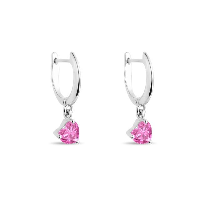 BOUCLES D'OREILLES CŒUR EN OR BLANC AVEC SAPHIRS ROSES - BOUCLES D'OREILLES EN SAPHIR - BOUCLES D'OREILLES