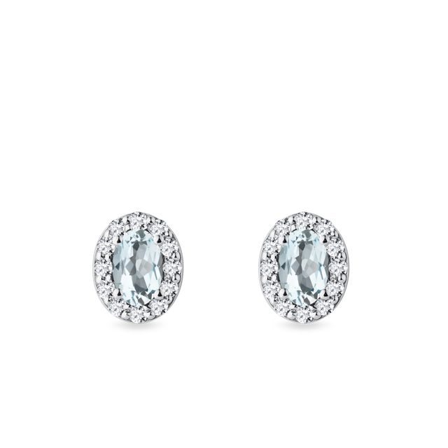 PUCES D'OREILLES AURÉOLE EN OR BLANC AVEC AIGUE-MARINE OVALE ET DIAMANTS - BOUCLES D'OREILLES EN AIGUE-MARINE - BOUCLES D'OREILLES