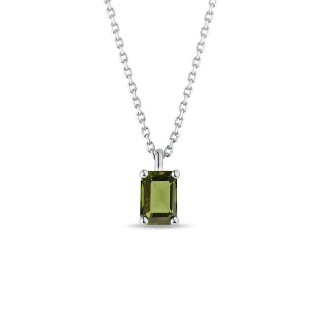 EMERALD-CUT MOLDAVITE NECKLACE IN WHITE GOLD - MOLDAVITE NECKLACES - NECKLACES