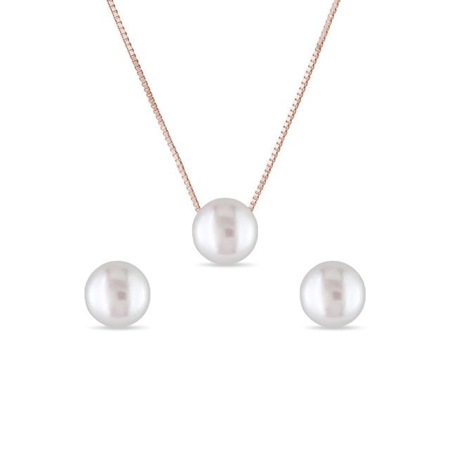 PEARL EARRING AND NECKLACE SET IN ROSE GOLD - PEARL SETS - PEARL JEWELRY