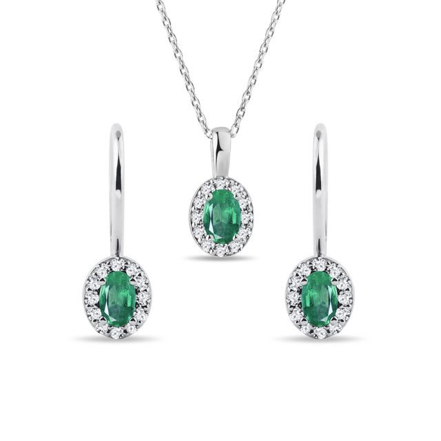 EMERALD AND DIAMOND WHITE GOLD HALO JEWELLERY SET - JEWELLERY SETS - FINE JEWELLERY