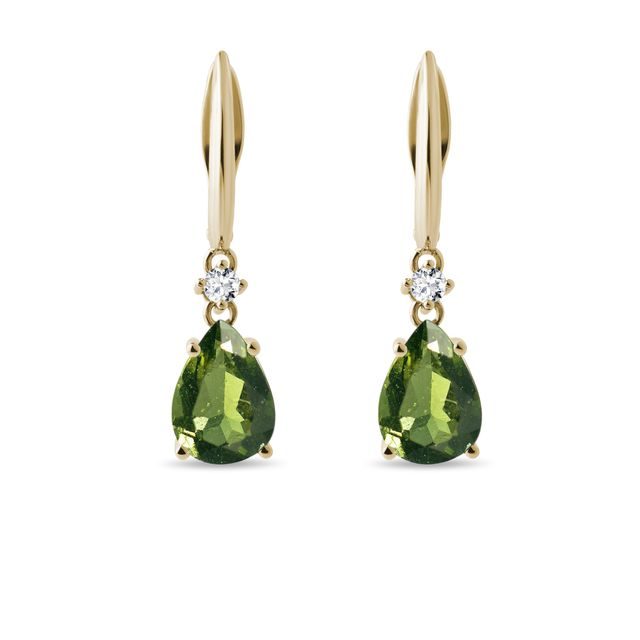 BOUCLES D'OREILLES EN OR AVEC DIAMANTS ET MOLDAVITES - BOUCLES D'OREILLES EN MOLDAVITE - BOUCLES D'OREILLES