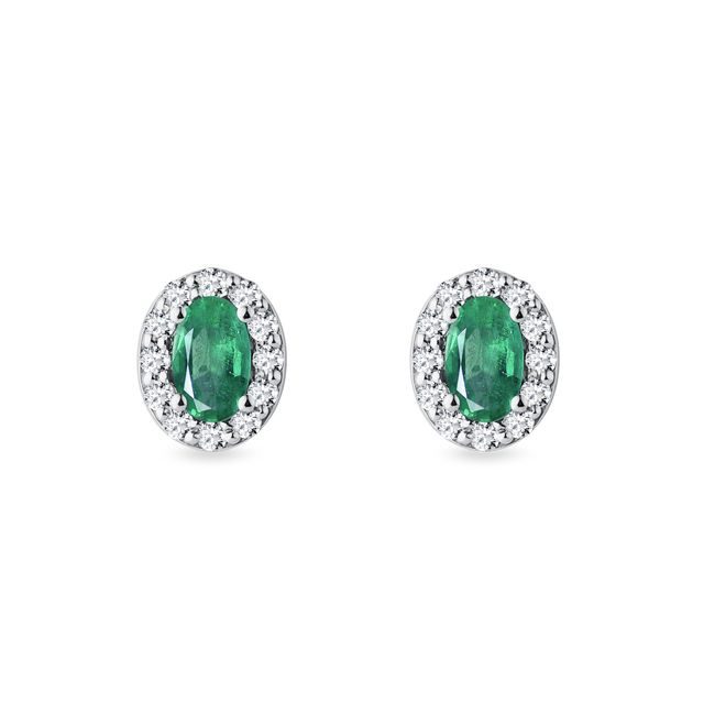 Oval Emerald and Diamond White Gold Halo Stud Earrings