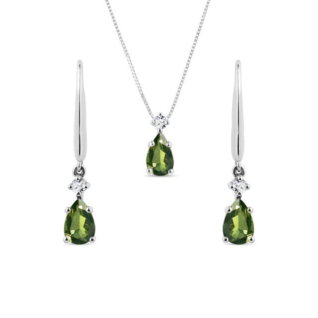 MOLDAVITE EARRING AND NECKLACE SET IN WHITE GOLD - GEMSTONE SETS - FINE JEWELRY