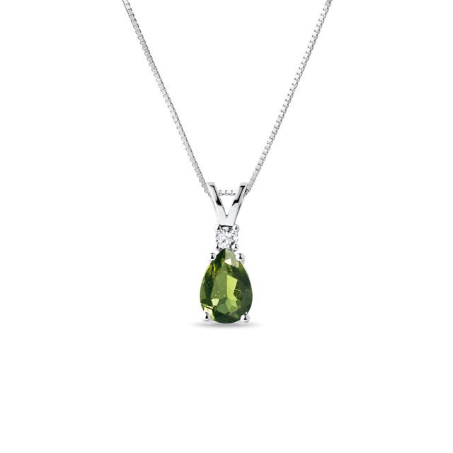 MOLDAVITE AND DIAMOND PENDANT ON WHITE GOLD CHAIN - MOLDAVITE NECKLACES - NECKLACES