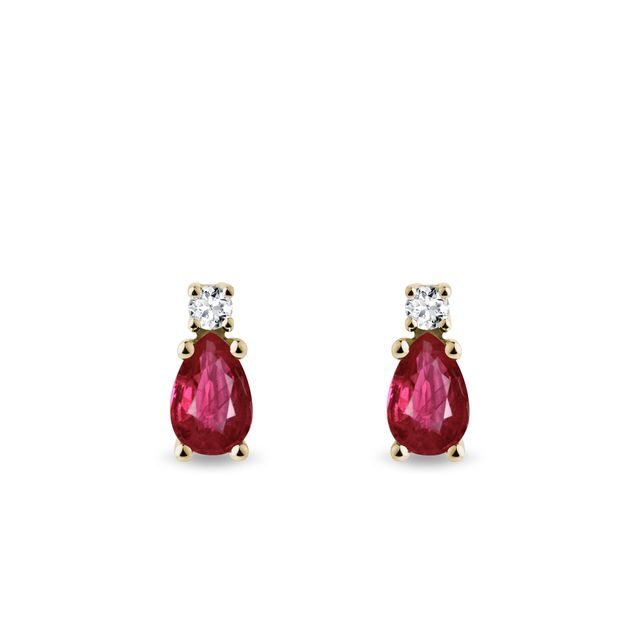 RUBY AND DIAMOND YELLOW GOLD PEAR EARRINGS - RUBY EARRINGS - EARRINGS