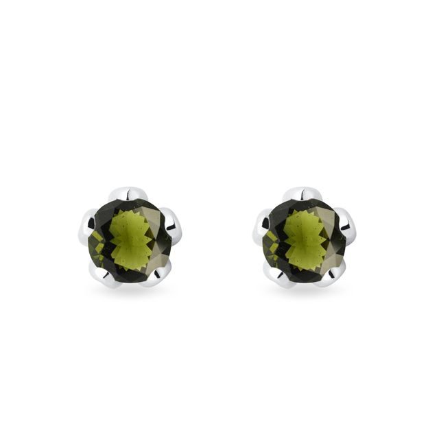 BOUCLES D'OREILLES EN OR BLANC SERTIES DE MOLDAVITES - BOUCLES D'OREILLES EN MOLDAVITE - BOUCLES D'OREILLES