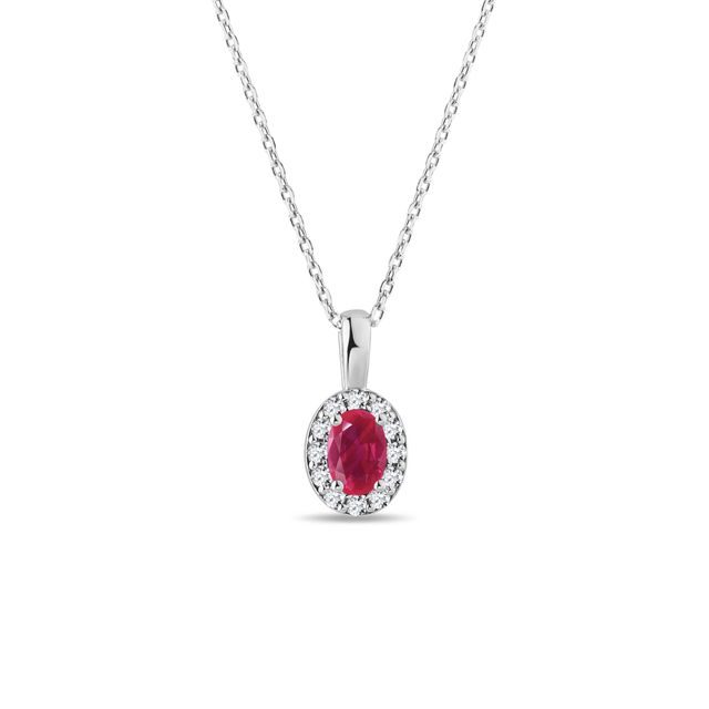 RUBY AND DIAMOND WHITE GOLD HALO NECKLACE - RUBY NECKLACES - NECKLACES