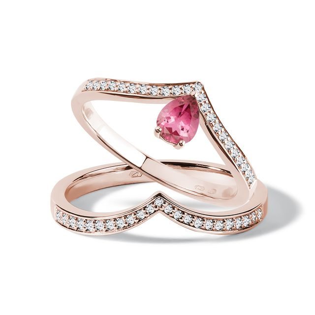 ENSEMBLE DE BAGUES EN OR ROSE AVEC TOURMALINE ET DIAMANTS - ENSEMBLES DE BAGUES DE FIANÇAILLES ET DE MARIAGE - BAGUES DE FIANÇAILLES