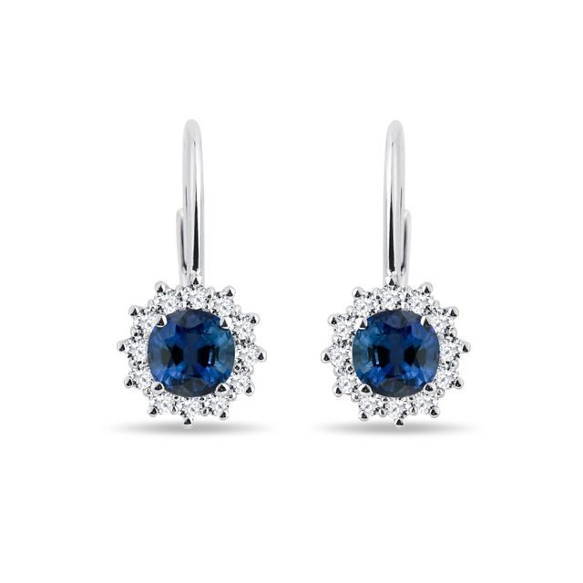 BOUCLES D'OREILLES EN OR BLANC AVEC SAPHIRS RONDS ET DIAMANTS - BOUCLES D'OREILLES EN SAPHIR - BOUCLES D'OREILLES