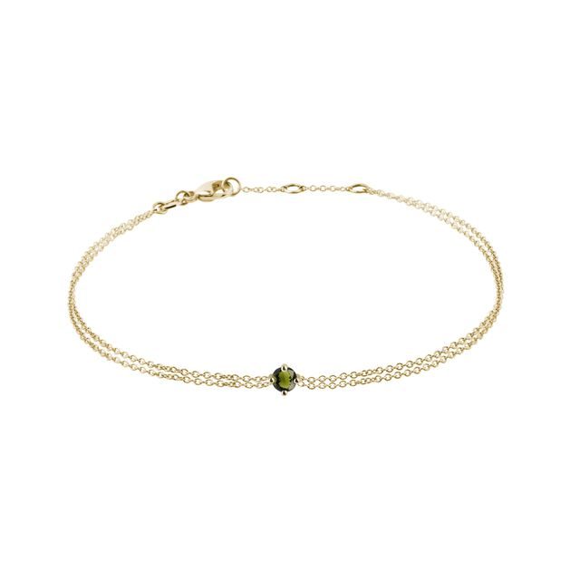 YELLOW GOLD DOUBLE CHAIN BRACELET WITH A ROUND MOLDAVITE - GEMSTONE BRACELETS - BRACELETS