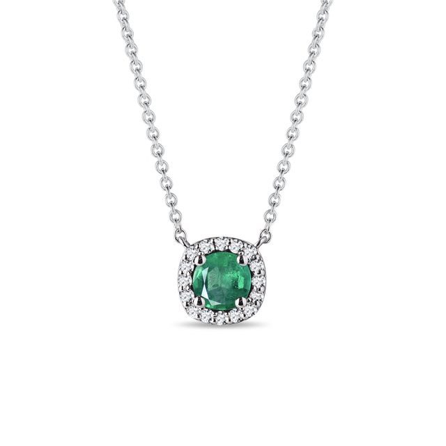 EMERALD AND DIAMOND HALO NECKLACE IN WHITE GOLD - EMERALD NECKLACES - NECKLACES