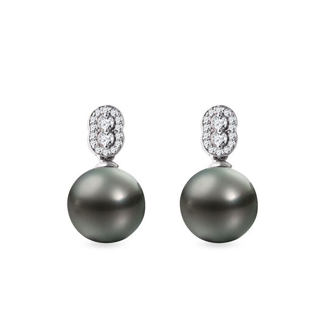 DIAMOND EARRINGS WITH TAHITIAN PEARLS IN WHITE GOLD - PEARL EARRINGS - PEARL JEWELLERY