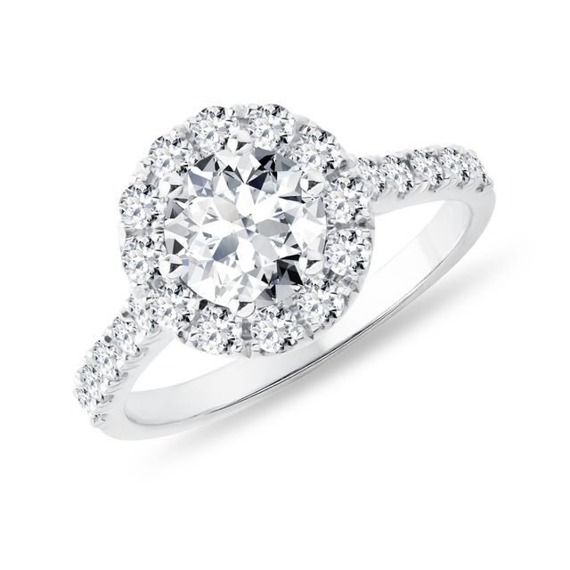 BAGUE AURÉOLE DIAMANT EN OR BLANC 14 CARATS - BAGUES AVEC DIAMANTS DE SYNTHÈSE - BAGUES DE FIANÇAILLES