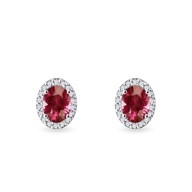 Rubelite and Diamond Oval Earrings in White Gold