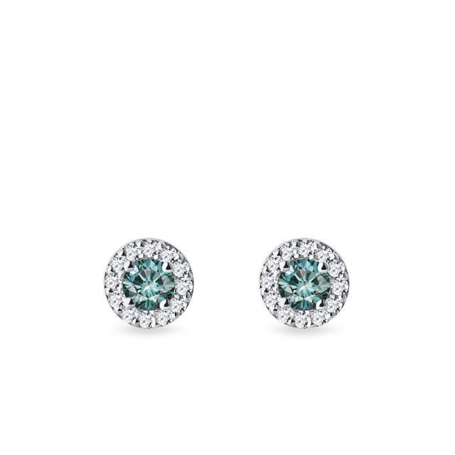 HALO NÁUŠNICE Z BÍLÉHO 14K ZLATA S MODRÝMI DIAMANTY - DIAMANTOVÉ NÁUŠNICE PECKY - NÁUŠNICE