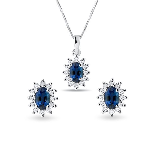 PARURE AURÉOLE EN OR BLANC AVEC SAPHIRS ET DIAMANTS - ENSEMBLES DE BIJOUX EN GEMMES - BIJOUX