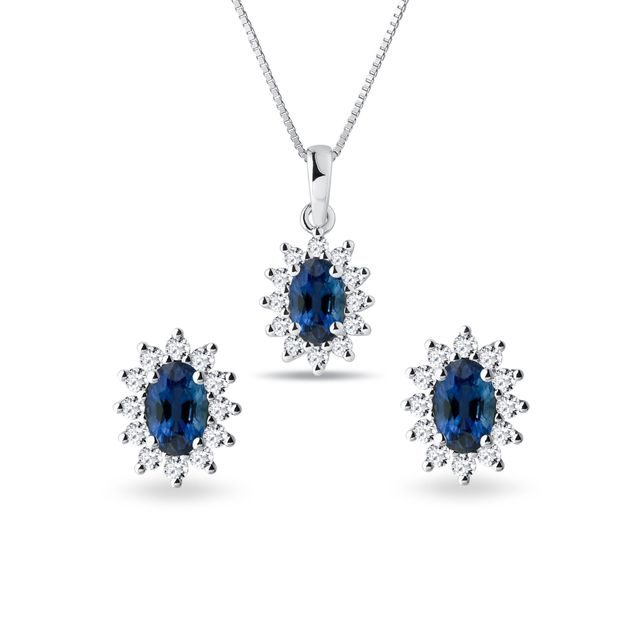 SAPPHIRE AND DIAMOND WHITE GOLD HALO JEWELRY SET - JEWELRY SETS - FINE JEWELRY