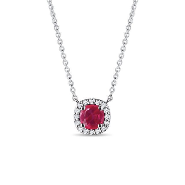 RUBY AND DIAMOND HALO NECKLACE IN WHITE GOLD - RUBY NECKLACES - NECKLACES