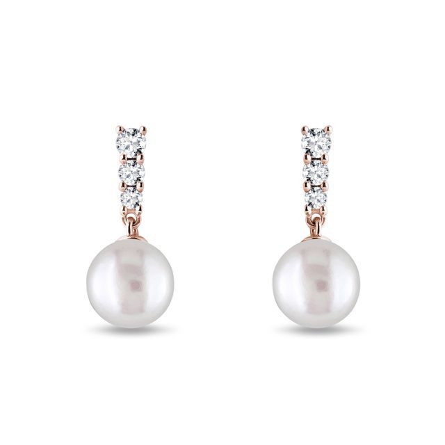 NÁUŠNICE Z RŮŽOVÉHO ZLATA S PERLOU A BRILIANTY - PERLOVÉ NÁUŠNICE - PERLOVÉ ŠPERKY