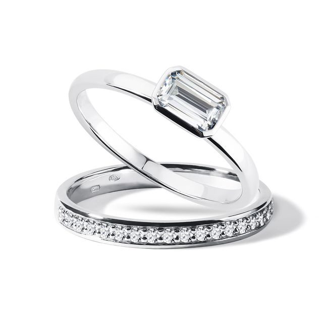 JEU D'ANNEAUX DE LA MARIÉE EN OR BLANC AVEC MOISSANITE ET DIAMANTS - ENSEMBLES DE BAGUES DE FIANÇAILLES ET DE MARIAGE - BAGUES DE FIANÇAILLES