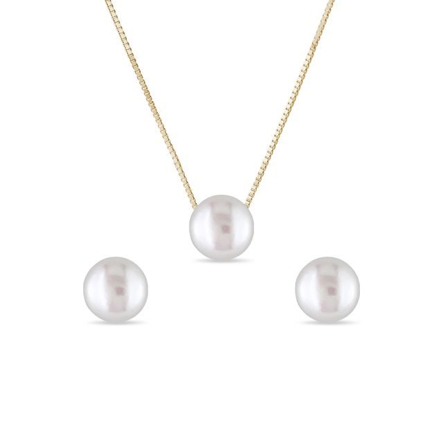 PEARL EARRING AND NECKLACE SET IN YELLOW GOLD - PEARL SETS - PEARL JEWELLERY