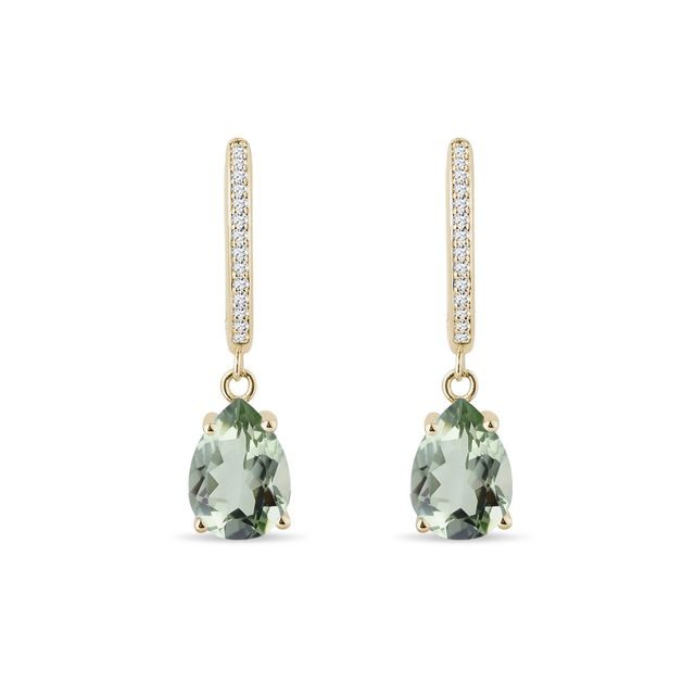 BOUCLES D'OREILLES D'OR JAUNE AVEC AMÉTHYSTES VERTES ET DIAMANTS - BOUCLES D'OREILLES EN AMÉTHYSTE - BOUCLES D'OREILLES