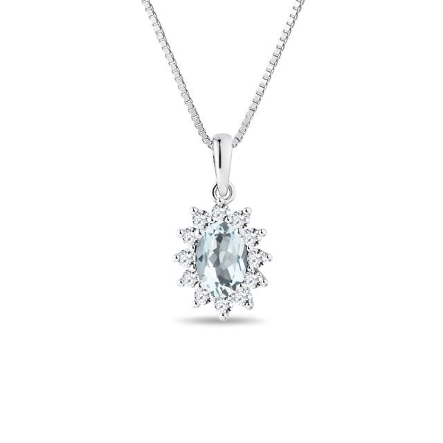 OVAL AQUAMARINE AND HALO DIAMOND NECKLACE IN WHITE GOLD - AQUAMARINE NECKLACES - NECKLACES