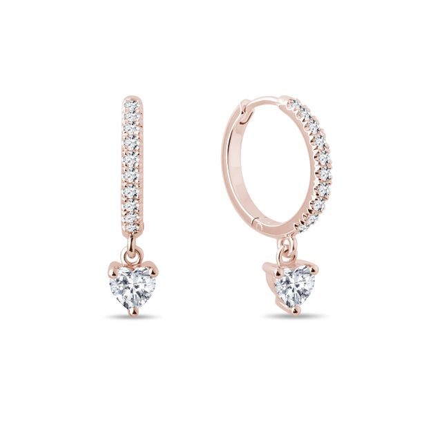 ROSE GOLD DIAMOND HUGGIE HOOPS WITH A HEART - DIAMOND EARRINGS - EARRINGS