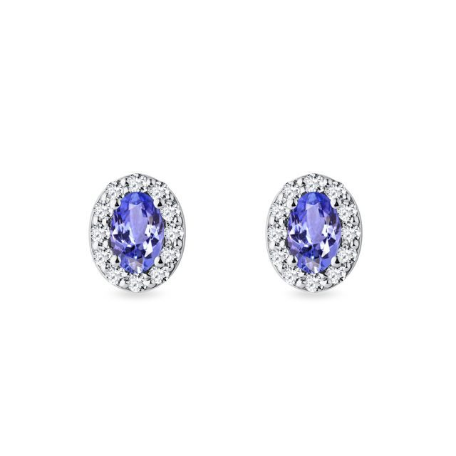 PUCES D'OREILLES AURÉOLE EN OR BLANC AVEC TANZANITE OVALE ET DIAMANTS - BOUCLES D’OREILLES EN TANZANITE - BOUCLES D'OREILLES