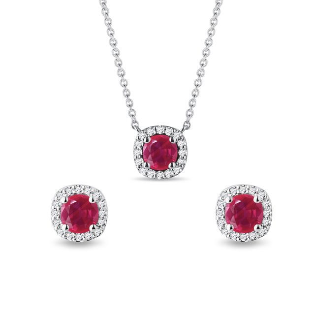 LUXE RUBY AND DIAMOND HALO JEWELRY SET IN WHITE GOLD - GEMSTONE SETS - FINE JEWELRY