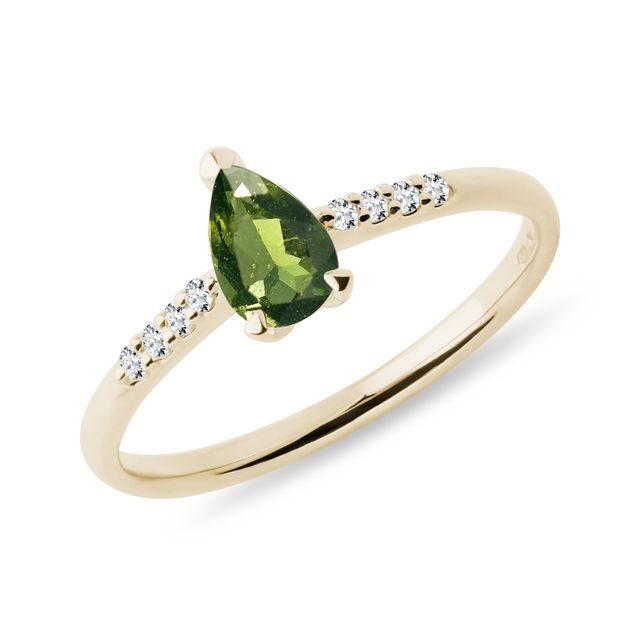 TEARDROP CUT MOLDAVITE AND DIAMOND RING IN GOLD - MOLDAVITE RINGS - RINGS