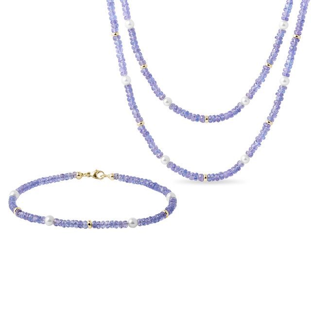 Souprava tanzanitových šperků s perlami ve zlatě