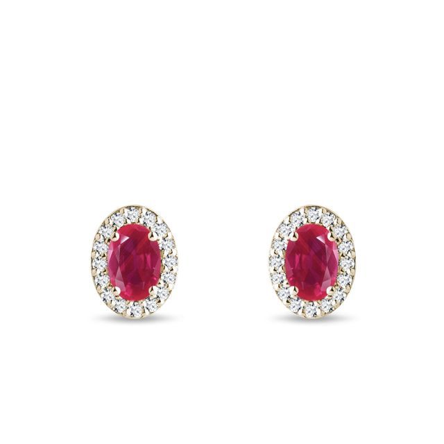 RUBY AND DIAMOND HALO EARRINGS IN YELLOW GOLD - RUBY EARRINGS - EARRINGS