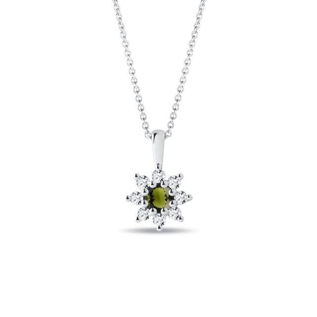 BLUMENHALSKETTE MIT MOLDAVIT UND DIAMANT IN WEISSGOLD - KETTEN MIT MOLDAVIT - KETTEN
