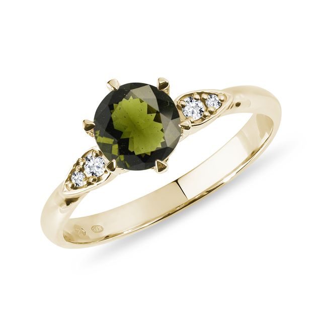 MOLDAVITE AND DIAMOND RING IN YELLOW GOLD - MOLDAVITE RINGS - RINGS